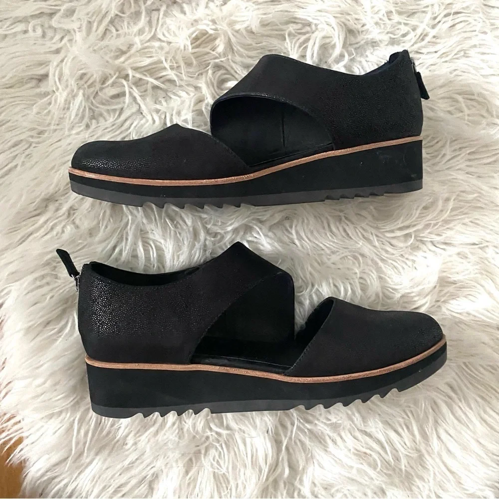 Eileen Fisher Match Suede Zip Demi-wedge Sandals Black Size 9.5 Leather